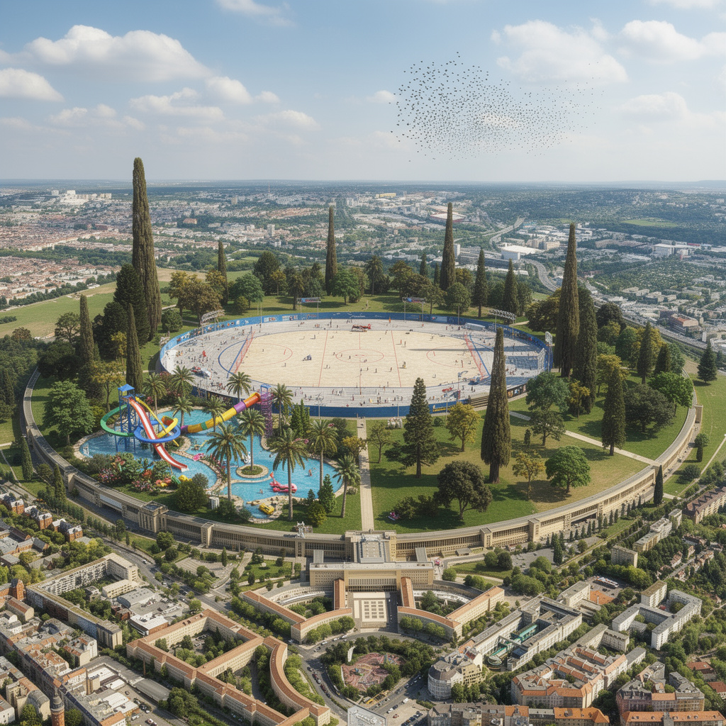 Eine Zukunftsvision des Tempelhofer Feldes mit Rollerball-Arena, Festplatz und einem Wasserparadies im Flughafengebäude bei sonnigem Wetter mit Starenschwarm.