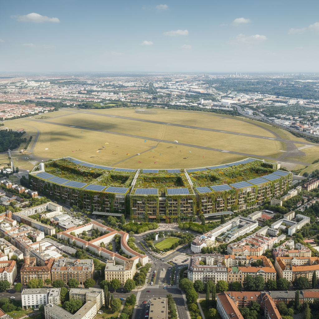 Zukunftsvision: Das Tempelhofer Feld bleibt unverändert, das Flughafengebäude wird mit grünem Dach und Fassade zu bezahlbarem Wohnraum umgebaut.