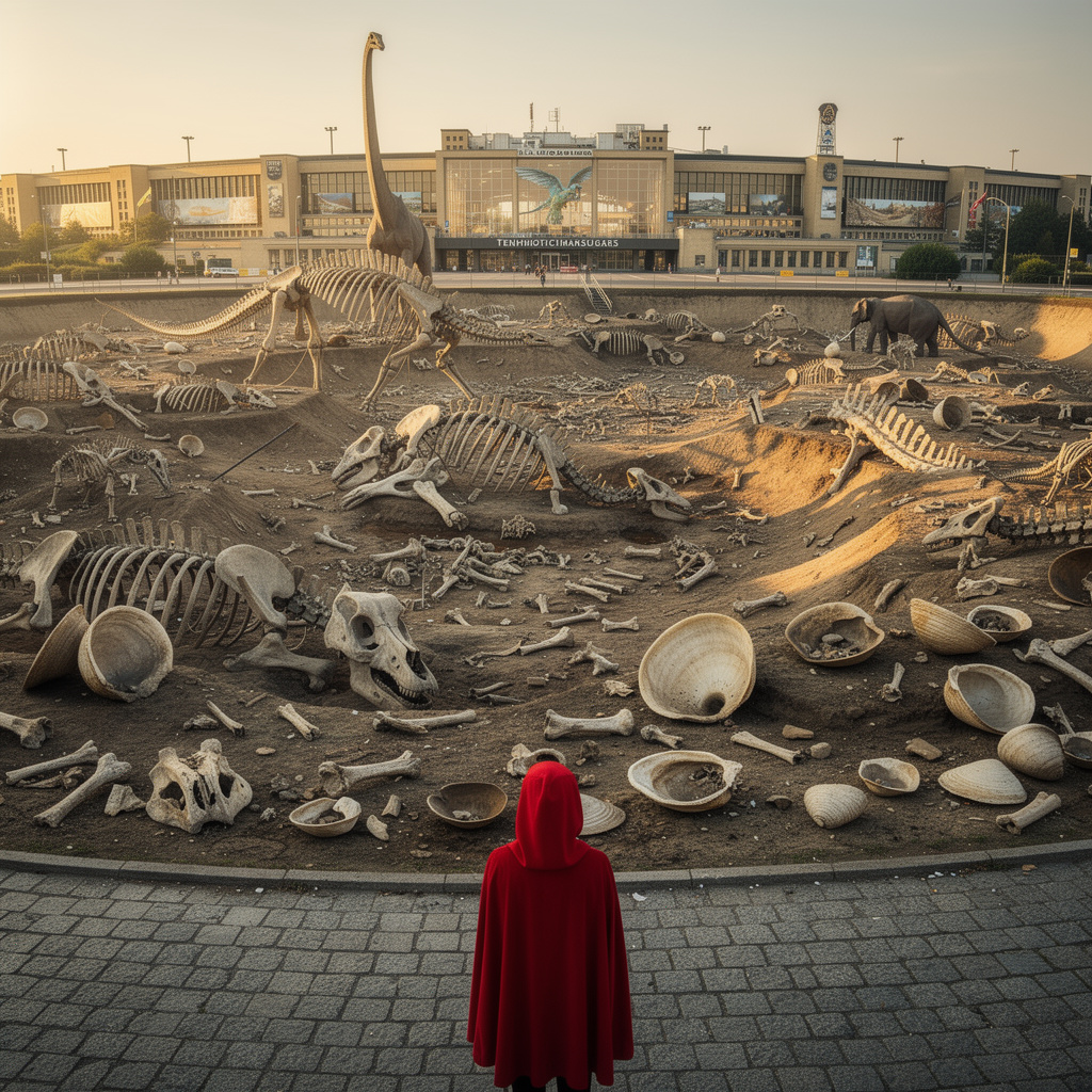 Eine immersive Zukunftsvision des Tempelhofer Feldes: Im Vordergrund steht Rotkäppchen vor einer spektakulären Dinosaurier-Ausgrabung mit riesigen Sauropoden-Skeletten. Das historische Flughafengebäude wurde zum Naturkundemuseum umgewandelt. Der ovale Rundweg zeigt typisches Berliner Kopfsteinpflaster.