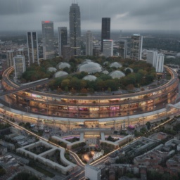 Eine atmosphärische Zukunftsvision des Tempelhofer Feldes bei herbstlicher Dämmerung: ein runder Wald mit Glaskuppeln, umgeben von Hochhäusern im Bauhaus-Manhattan-Stil, eine High-Line-Ebene mit bunten Lichtern, das Flughafengebäude als moderner Bahnhof, mit LED-Leisten, Sitzgelegenheiten und Wasserfontänen.