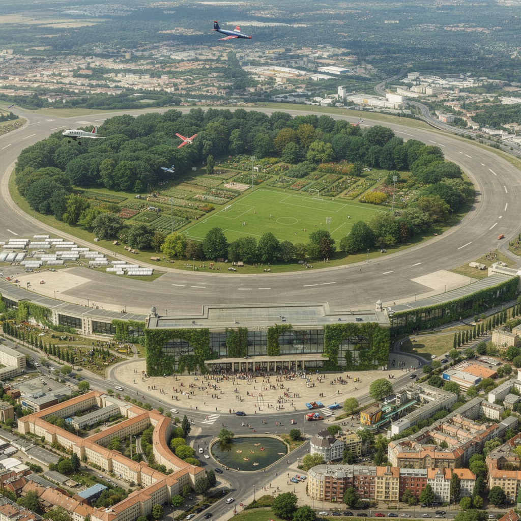 Zukunftsvision des Tempelhofer Feldes mit Gärten, Wald, Sportplatz, einem Bürgerhaus im Flughafengebäude, Modellfliegern und einer Bademöglichkeit.