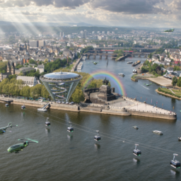 Das Deutsche Eck in Koblenz im Jahr 2045: High-Tech-Zukunft mit grünen Flugzeugen, einem tief in die Erde reichenden Earthscraper und Regenstimmung mit Sonnenstrahlen und Regenbogen.