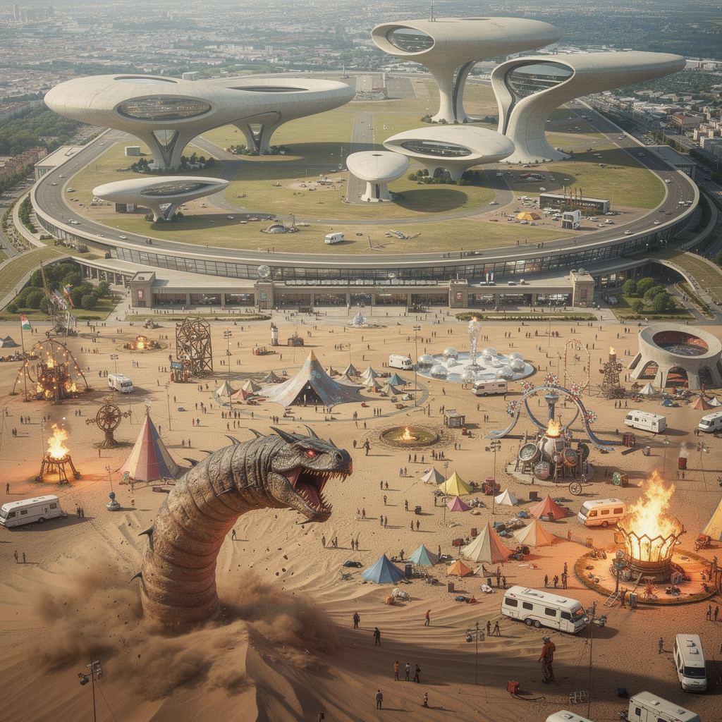 Eine fotorealistische Zukunftsvision des Tempelhofer Feldes mit einem bedrohlichen Sandwurm, der das Gelände angreift, und Menschen beim Festival.