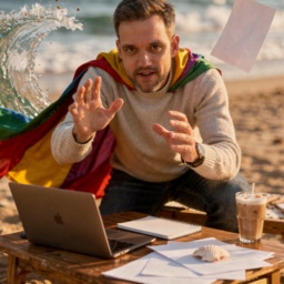 Heldenbild: Die Fähigkeit, sich bewusst Freizeit zu gönnen – dargestellt an einem Strand-Arbeitsplatz, bei dem der Moment scheinbar eingefroren ist, mit einem heldenhaften Umhang im Wind.