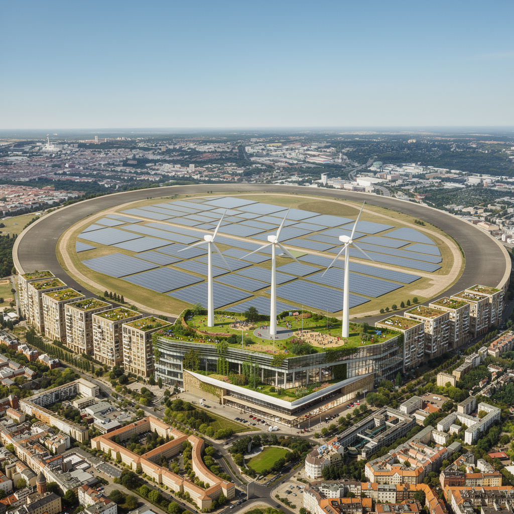 Zukunftsvision des Tempelhofer Feldes mit mehrstöckiger Randbebauung, Solarflächen, drei Windrädern und dem Flughafengebäude als Makerspace mit Dachgarten.