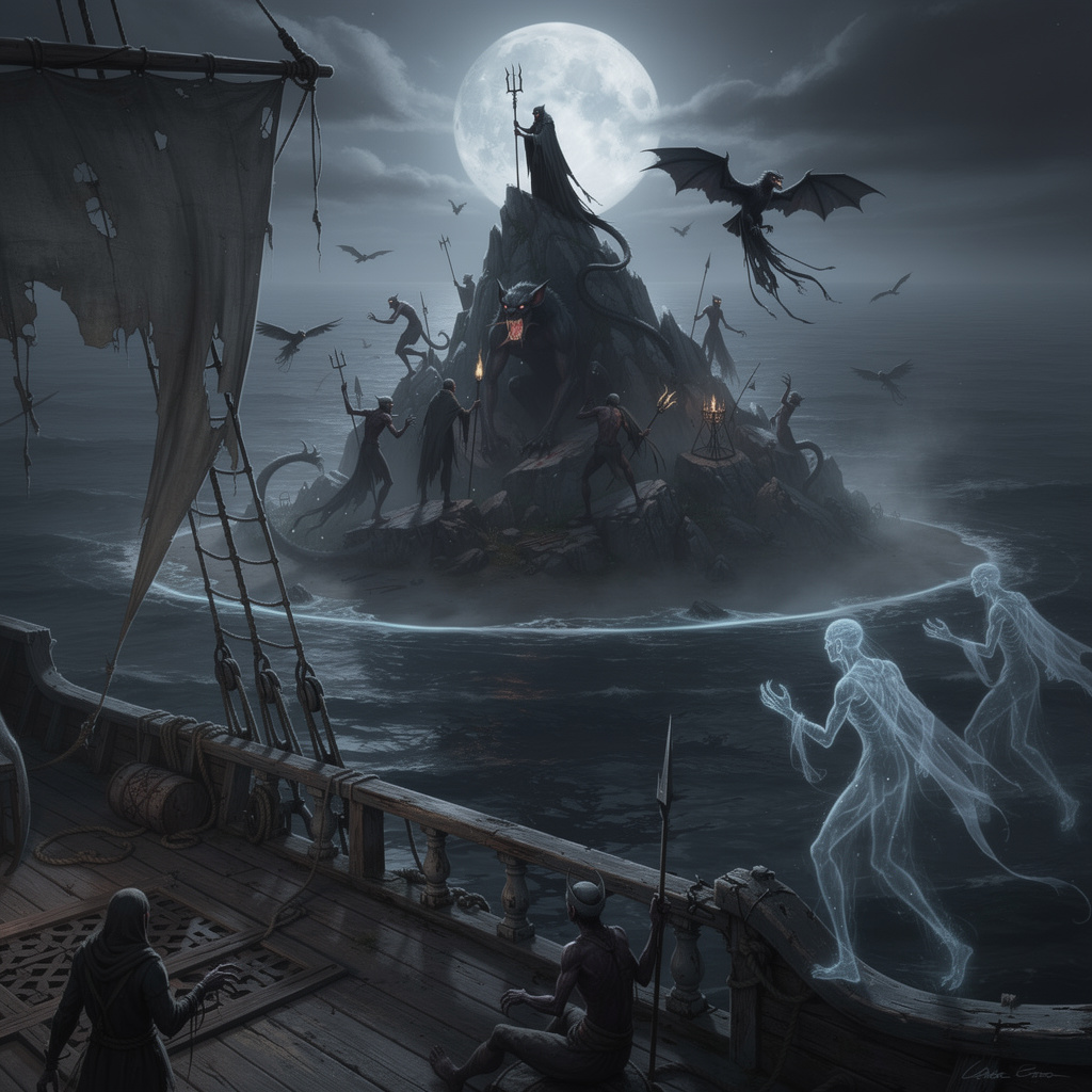 Eine düstere Fantasy-Vision: Das Geisterschiff im Vordergrund, die isolierte Insel liegt frei im Wasser ohne Brücke oder Verbindung, bei Vollmondnacht mit bläulichem Nebel.