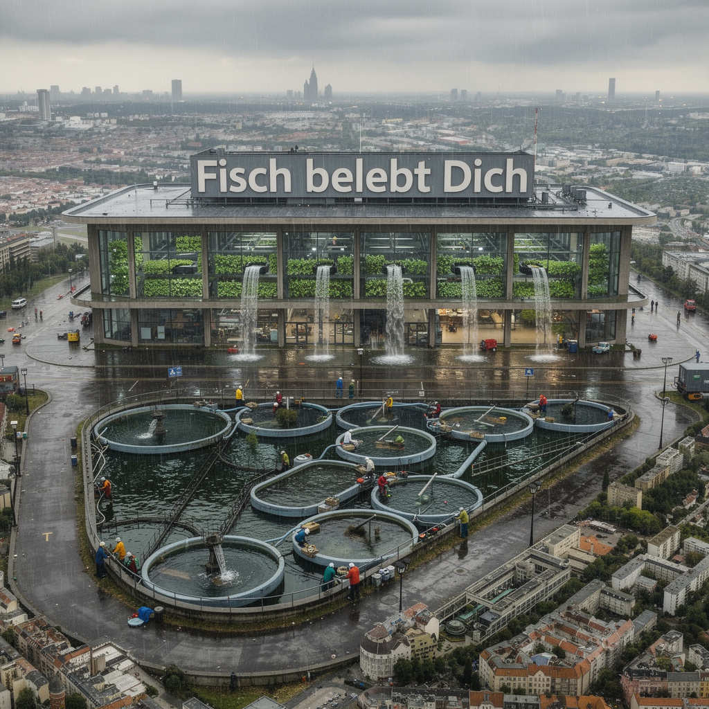 Eine visionäre Darstellung des Tempelhofer Feldes mit Fischteichen, Fischzucht im Flughafengebäude, Wasserfällen und der Werbung "Fisch belebt Dich" bei regnerischem Wetter.