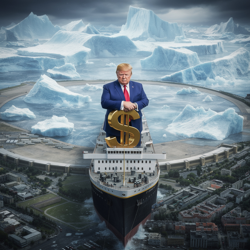 Tempelhofer Feld als fließendes Eismeer mit dramatischen Eisbergen, imposante Titanic, erwachsene Figur umarmt goldenes Dollarzeichen.