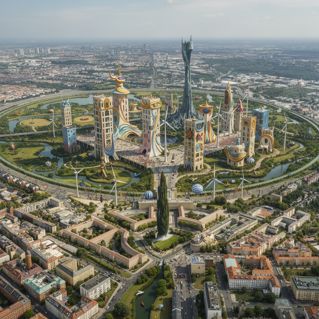 Surrealistisches Wohnviertel inspiriert von Dalí-Werken auf dem Tempelhofer Feld mit höheren Gebäuden, Wasserläufen, Wasserfall, Windrädern, Solarpanels, freundliche bunte Atmosphäre, Weitwinkel-Panorama