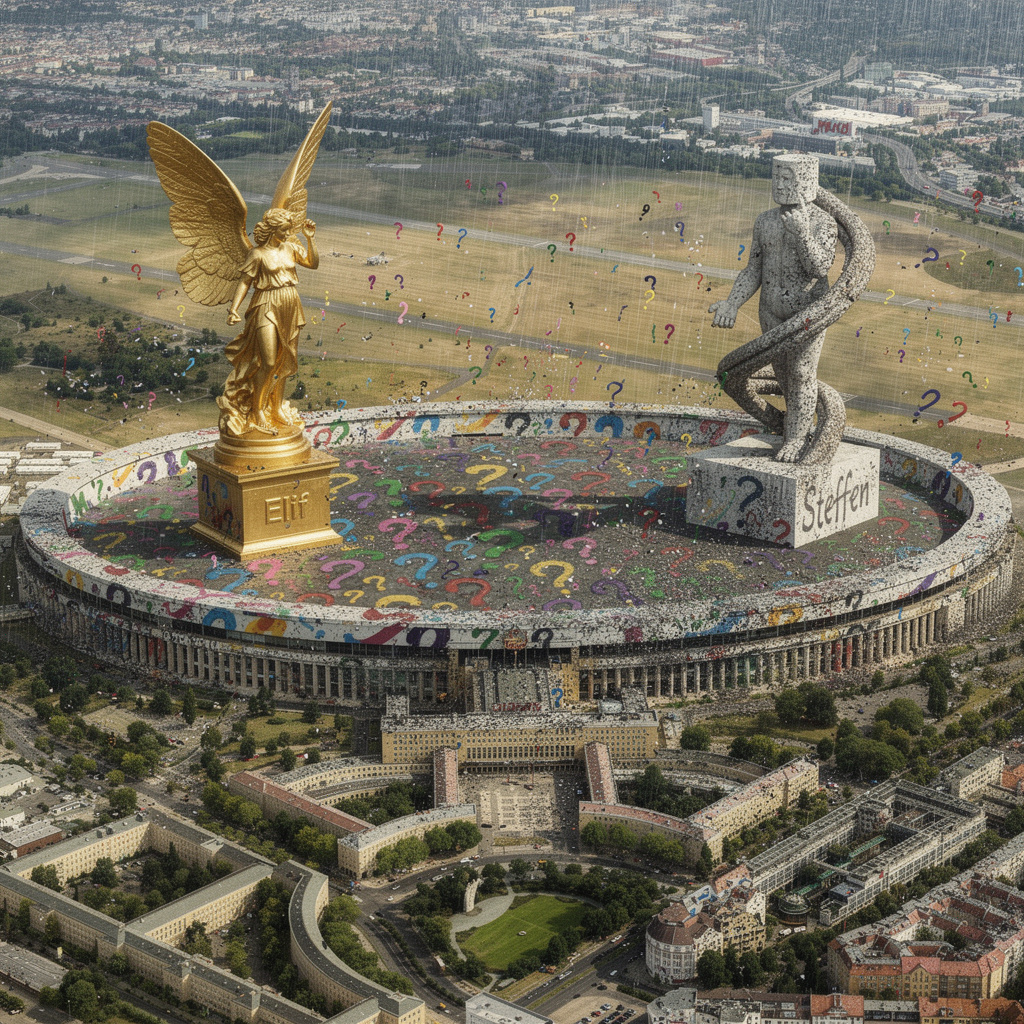 Künstlerische Zukunftsvision des Tempelhofer Feldes mit goldener Feenstatue "Elif", betonener Genom-Statue "Steffen", bunten Fragezeichen auf dem Flughafengebäude und vom Himmel regnenden Fragezeichen.