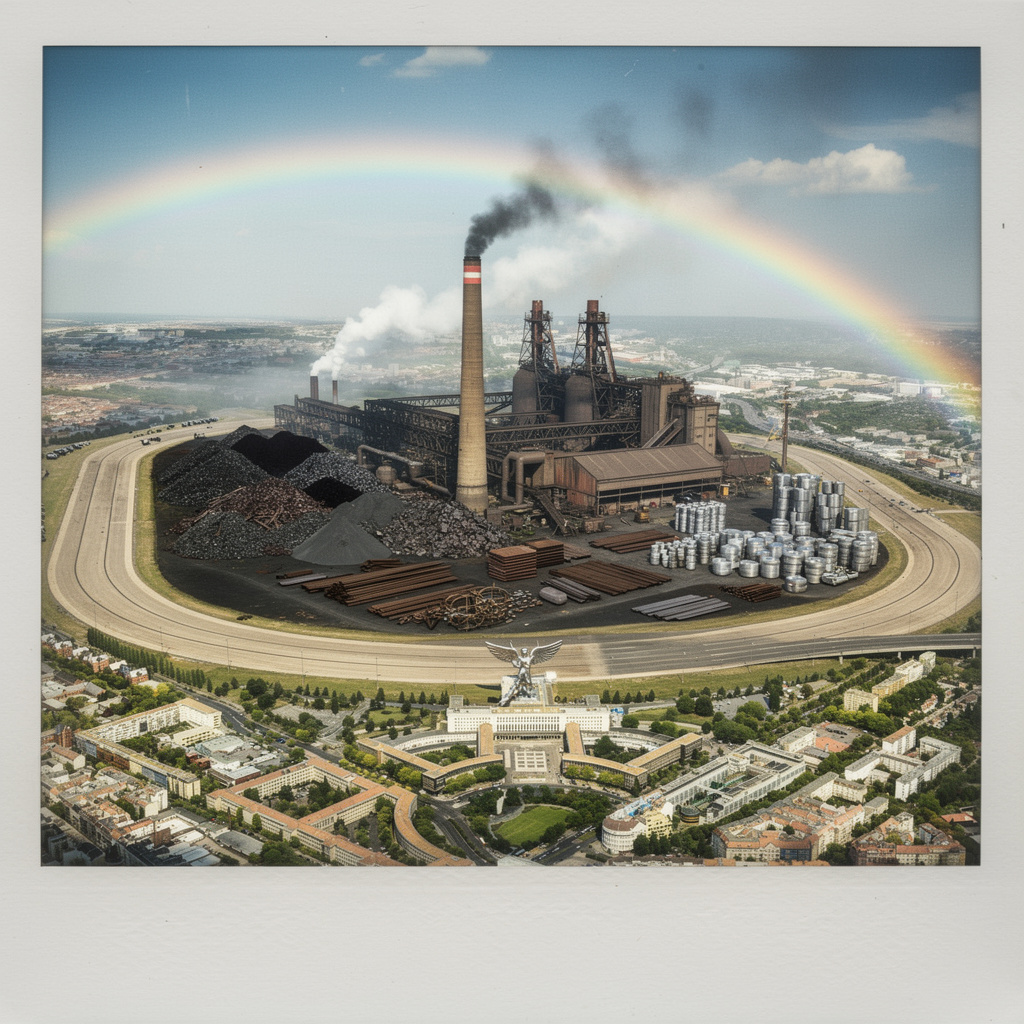 Zukunftsvision: Tempelhofer Feld als riesiges Stahlwerk mit Hochöfen, dem Flughafengebäude als Werkstor mit stählernem Engel, unter einem Regenbogen im Polaroid-Look.