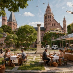 Der Mainzer Dom im Jahr 2045: unverändert in seiner Pracht, umgeben von einem grünen Marktplatz, auf dem die Menschen beim Marktfrühstück Zeit in der Stadt verbringen.