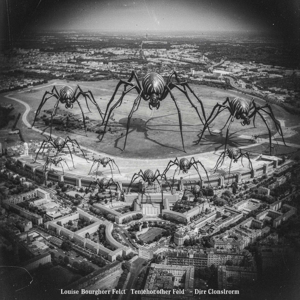Eine visionäre Schwarz-Weiß-Darstellung des Tempelhofer Feldes im Stil einer 1920er Jahre Fotopostkarte, auf der riesige Spinnenskulpturen im Stil von Louise Bourgeois das Feld und das Flughafengebäude erobern.