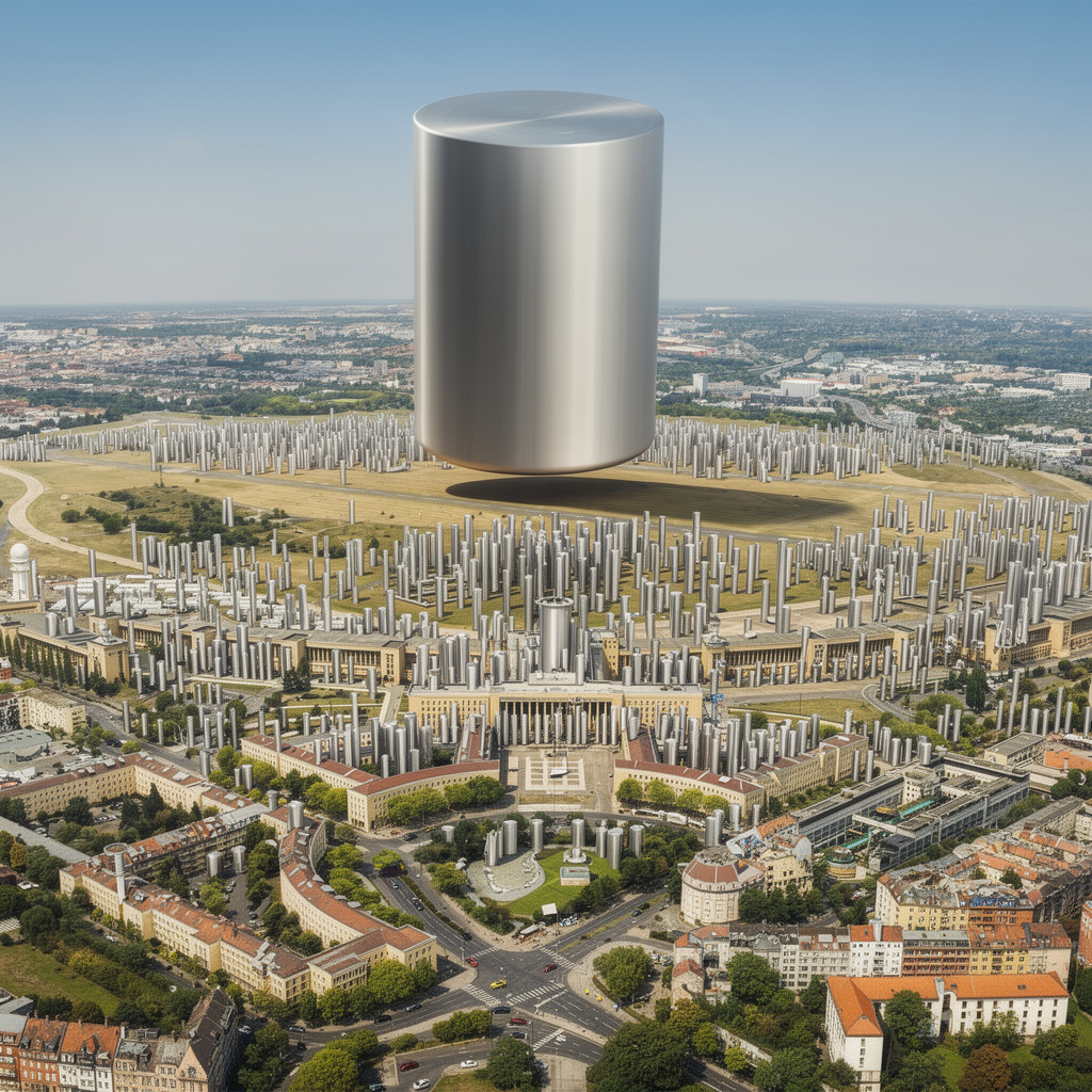 Eine surreale Zukunftsvision des Tempelhofer Feldes mit hunderten Pollern auf der Wiese und dem Rollfeld, Pollern am Flughafengebäude, und einem schwebenden Riesenpoller als "heiliger Poller aller Poller" über dem gesamten Feld.