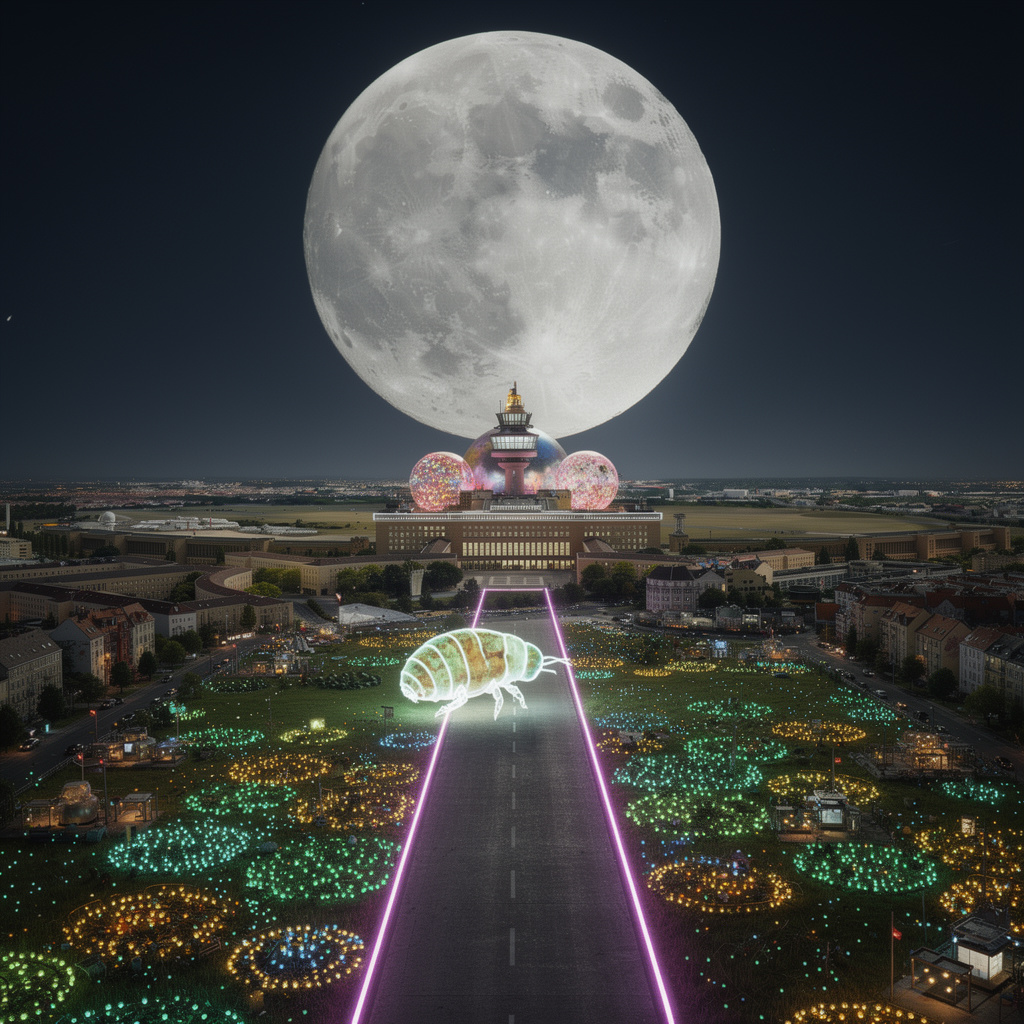 Eine nächtliche Vision des Tempelhofer Feldes aus der Ich-Perspektive: Wir schweben über einen Neonkachelweg und folgen einem Glühwürmchen zum Horizont mit extrem riesigem Vollmond.