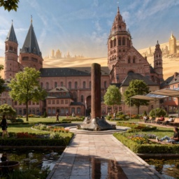 Der Mainzer Dom im Jahr 2045: begrünte Plätze und Wasserflächen rund um den Dom, im Hintergrund erstreckt sich Wiesbaden als Wüste.