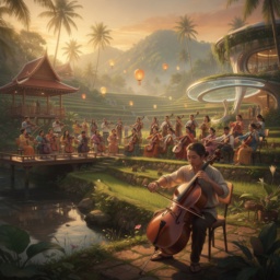 Eine gemeinschaftliche Zukunftsvision für das Jahr 2040: Viele Menschen musizieren gemeinsam auf Cello und anderen Instrumenten in einer üppigen thailändischen Landschaft, als freier Ausdruck jenseits klassischer Erwerbsarbeit.