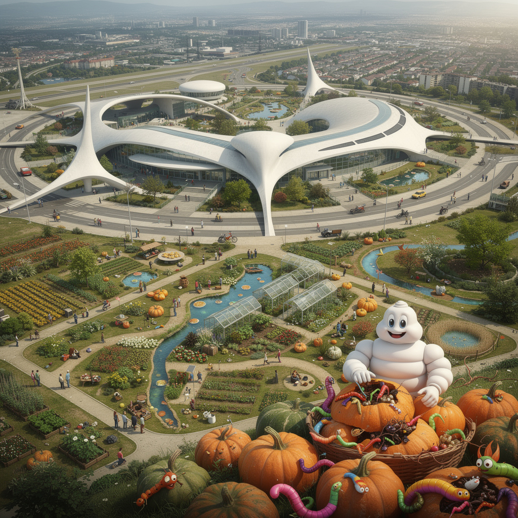 Eine visionäre Zukunft des Tempelhofer Feldes: Das Flughafengebäude mit Niemeyer-Architektur, im Vordergrund eine große weiße kinderfreundliche Michelin-Figur die Riesenkürbisse erntet, aus denen große Würmer, Larven und Raupen kommen, Wasserflächen, Landbau-Elemente, Menschen, freundliche Atmosphäre.