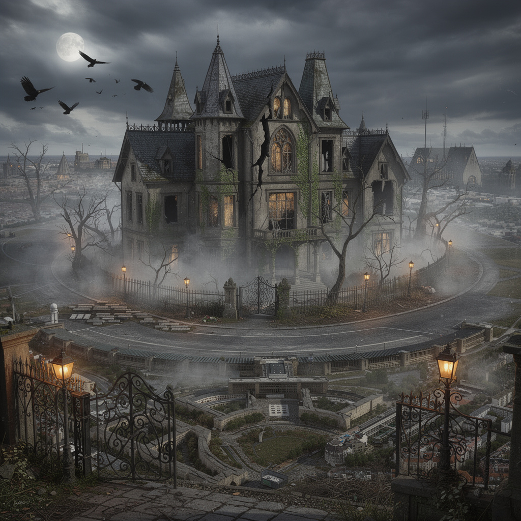 Eine düstere, schaurige Vision des Tempelhofer Feldes im Edgar Allan Poe-Stil: eine gotische Stadt auf der Wiese, das Flughafengebäude wie das Haus Usher verfallen und von Nebel umhüllt.