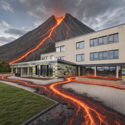 Die Lindenhof-Grundschule mit einem großen Vulkan im Hintergrund, aus dem glühende Lava über den Schulhof fließt – ein magisches, ungefährliches Feuer-Abenteuer.