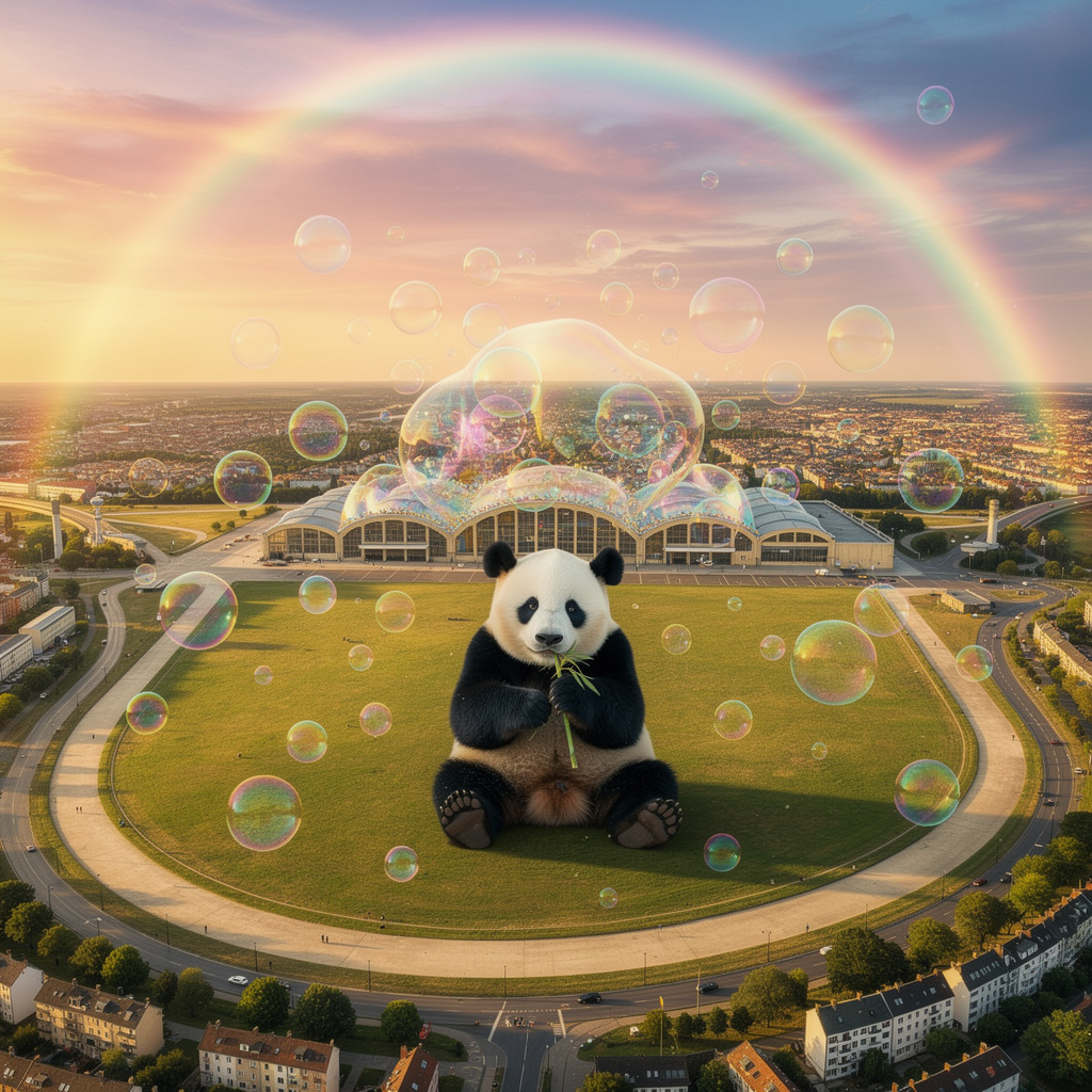 Eine futuristische Vision des Tempelhofer Feldes mit einem riesigen Pandabären, der Bambus frisst, während das Flughafengebäude Seifenblasen in einen knallig farbigen Himmel mit Regenbogen bläst.