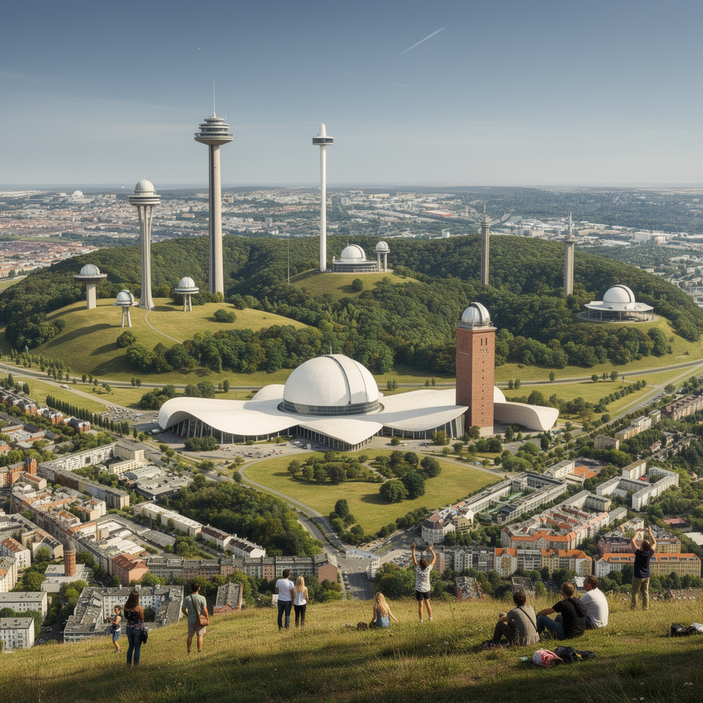 Eine realistische Zukunftsvision des Tempelhofer Feldes mit Observatorien auf hügeligem, grünem Gelände, Berliner Planetarium im Niemeyer-Stil mit Einsteinturm-Elementen, natürliches Tageslicht.