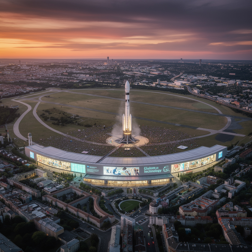Zukunftsvision des Tempelhofer Feldes in Berlin bei Abenddämmerung mit Raketenabschussrampe auf dem Feld, das historische Flughafengebäude als Kultur- und Technikzentrum, und viele Menschen beobachten einen Raketenstart.