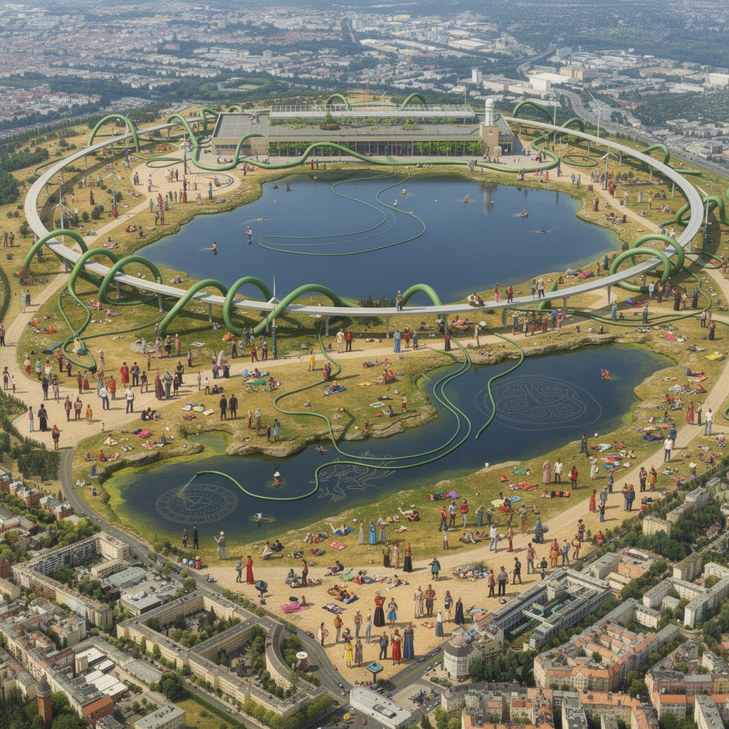 Vision des Tempelhofer Feldes mit See und Bächen, ökologischer Energiezentrale und einer vielfältigen, demokratischen Menschenmenge – ohne zentrale Statue.