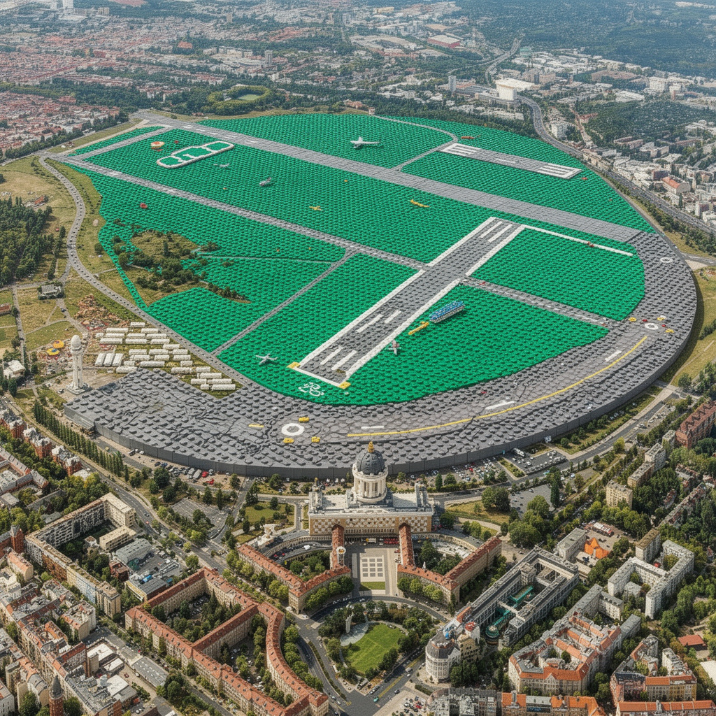 Eine Zukunftsvision des Tempelhofer Feldes in Berlin, komplett im LEGO-Stil gestaltet – mit LEGO-Wiesen, LEGO-Rollfeld und einem LEGO-Flughafengebäude.