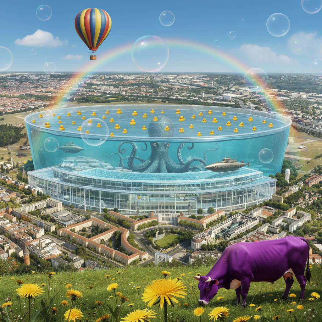 Fantastische Zukunftsvision des Tempelhofer Feldes: Ein riesiger Wassertank mit gelben Quietscheenten, ein durchsichtig verglastes Flughafengebäude, Unterwasserwelt mit Krake und Nautilus, Heissluftballon, Seifenblasen, Regenbogen und eine lila Kuh im Vordergrund.