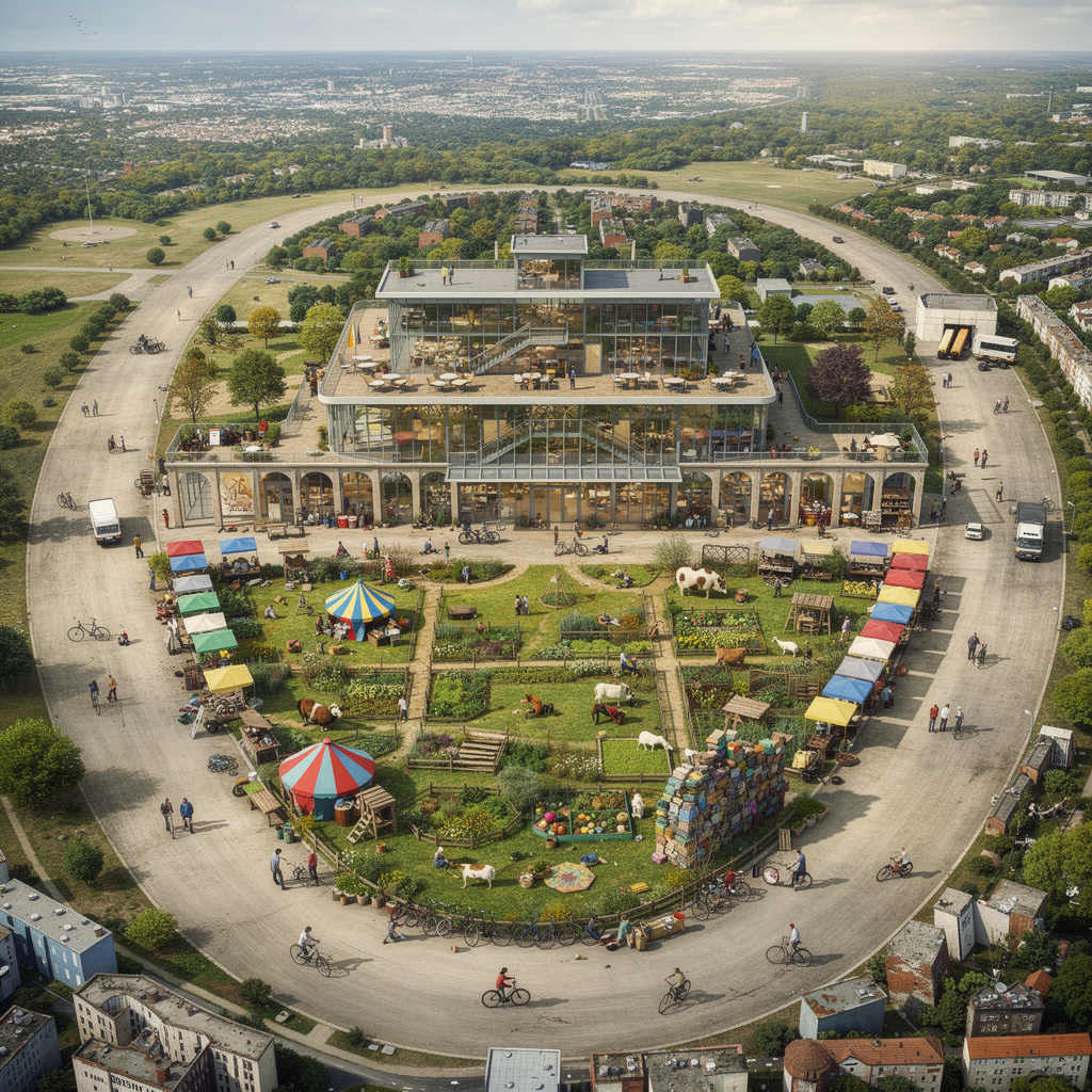 Eine Zukunftsvision des Tempelhofer Feldes mit moderner Bibliothek, Kulturzentrum im Flughafengebäude und Gemeinschaftsflächen