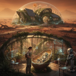 Eine solarpunk-geprägte Insel des Lebens im Jahr 2040, umgeben von einer unbewohnbaren Wüstenlandschaft. Im Vordergrund pflegt ein Mensch liebevoll ein künstlich-intelligentes Wesen in einer grünen, technologisch fortschrittlichen Umgebung – ein Bild der Koexistenz und Effizienz.