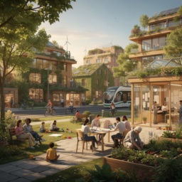 Eine grüne, ökologische Stadt im Jahr 2040 mit transparenter Bürgerverwaltung, kooperierenden Menschen in öffentlichen Räumen, mitbestimmten Unternehmen und friedlichem Zusammenleben.