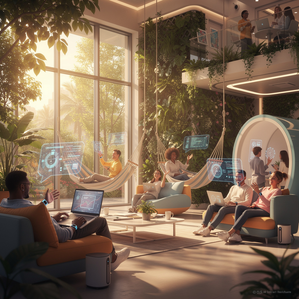 Eine entspannte, glückliche Zukunftsvision der Arbeitswelt 2040 in der Softwarebranche: lichtdurchflutete, grüne Räume mit Lounge-Möbeln statt Schreibtischen, in denen Menschen fröhlich und entspannt zusammenarbeiten.