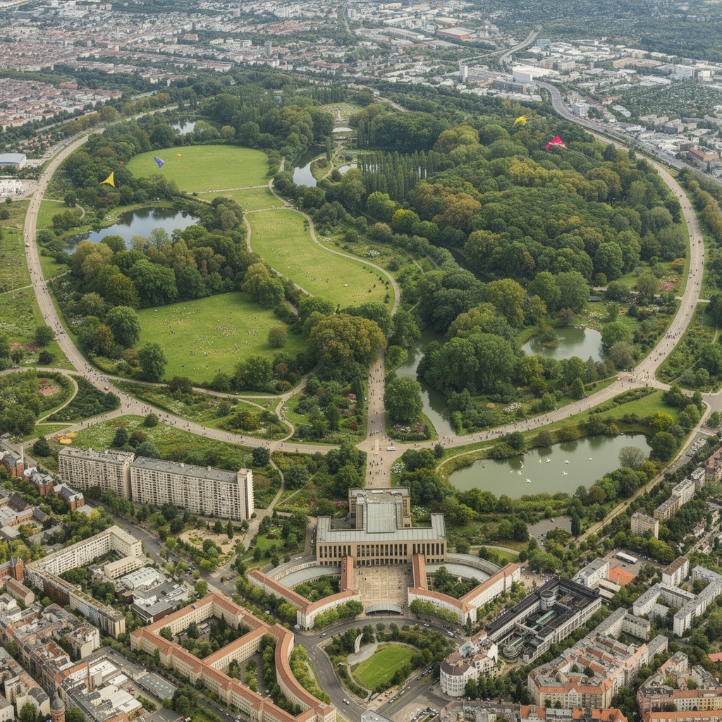 Vision des Tempelhofer Feldes als grüne Parklandschaft im Stil des Central Parks, mit dem umgebauten Flughafengebäude als Wohnraum.