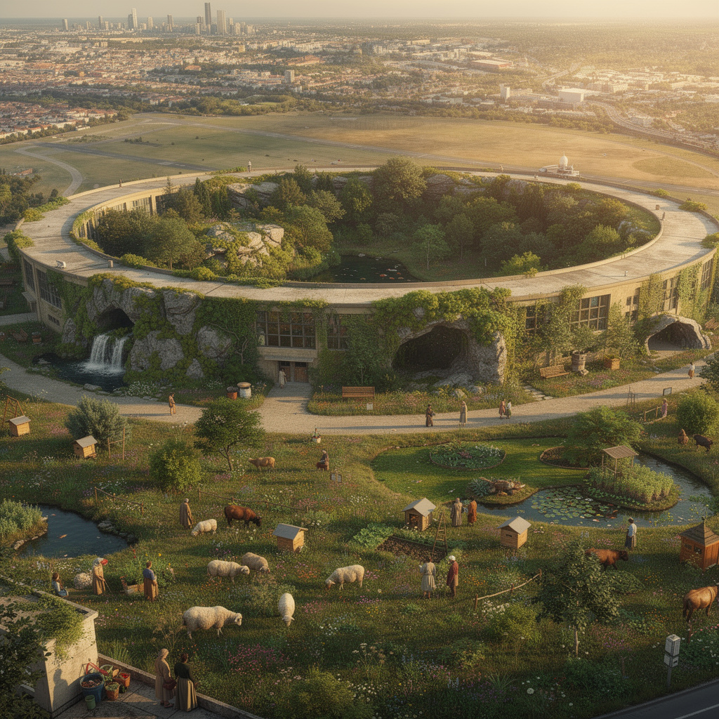 Eine visionäre Darstellung des Tempelhofer Feldes als wilde Naturlandschaft mit begrüntem Flughafengebäude, Wasserfällen, Tieren und Menschen im Einklang mit der Natur