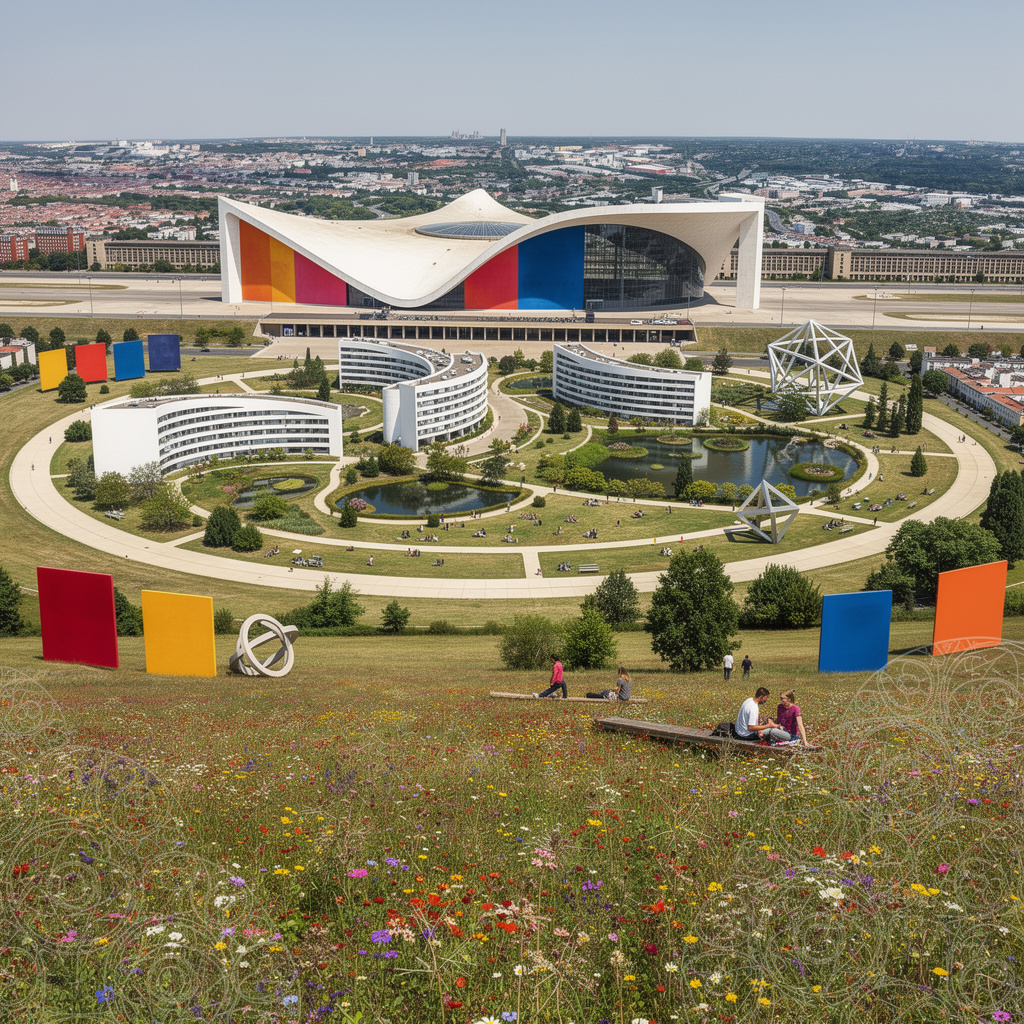 Zukunftsvision des Tempelhofer Feldes mit zahlenfreiem Rundweg, Blumenwiese im Vordergrund, Niemeyer-Architektur, Rothko-Farbinstallationen und transformiertem Flughafengebäude.