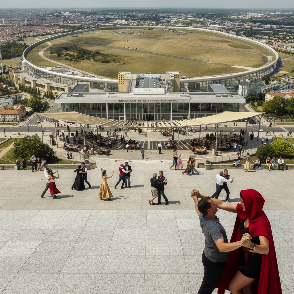 Überarbeitete Vision: Tanzfläche vergrößert, Tanzfiguren logisch getrennt und korrekt dargestellt, Flughafengebäude im Stil der Neuen Nationalgalerie.