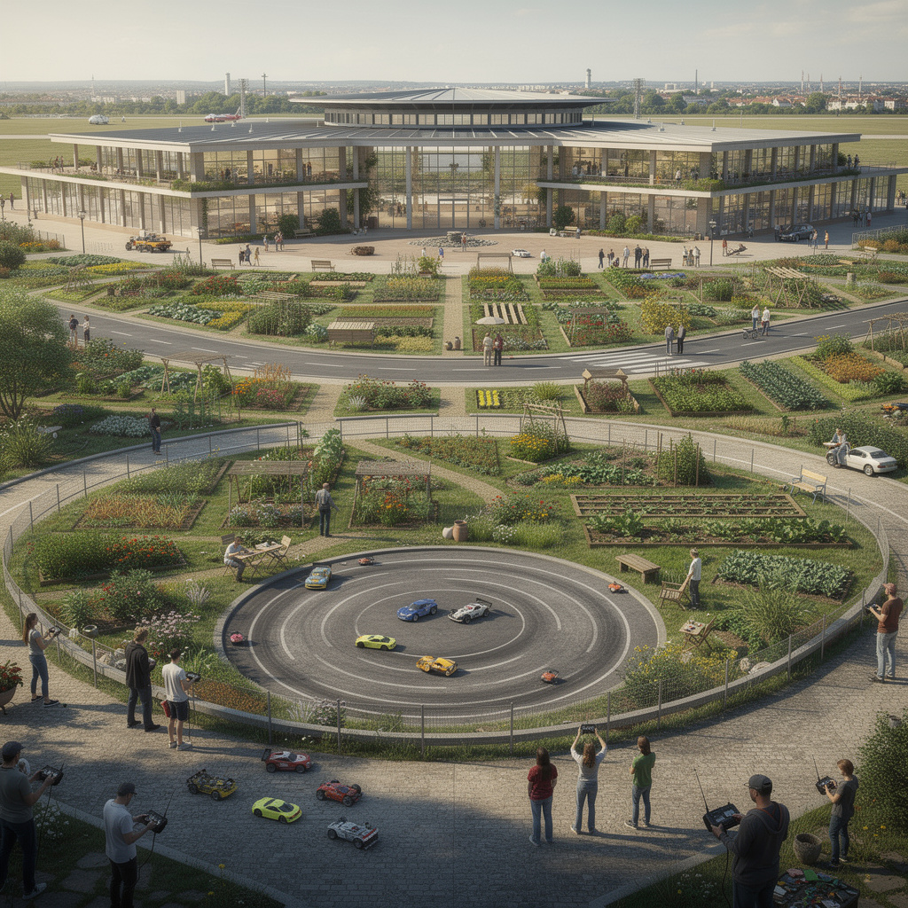 Zukunftsvision Tempelhofer Feld: Üppige Gartenlandschaft, Flughafengebäude mit offenem Konzept, und großer Dorfplatz mit viel Platz für ferngesteuerte RC Mini Racer.