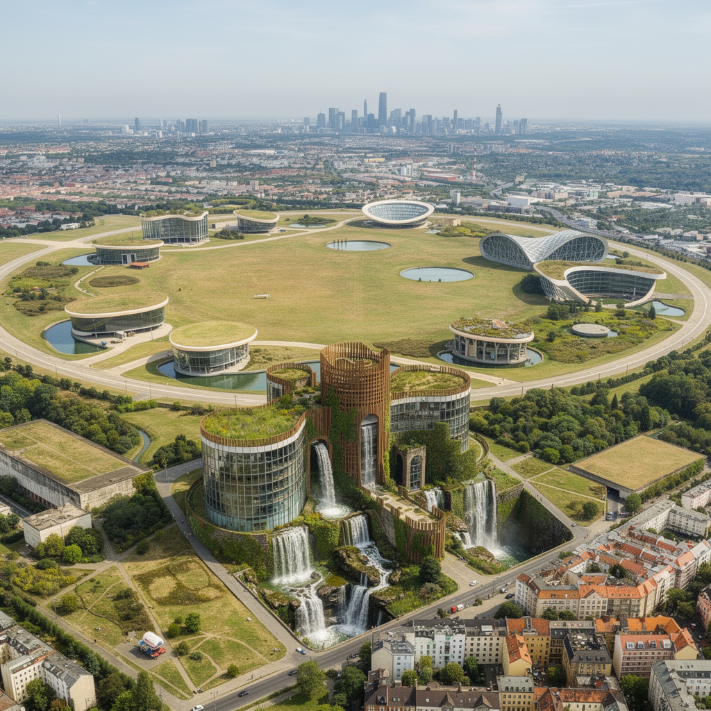 Eine fotorealistische Zukunftsvision des Tempelhofer Feldes bei hellem Tageslicht mit 10 Niemeyer-Gebäuden, ökologischem Schloss mit Wasserfällen und komplett transformiertem Bildbereich.