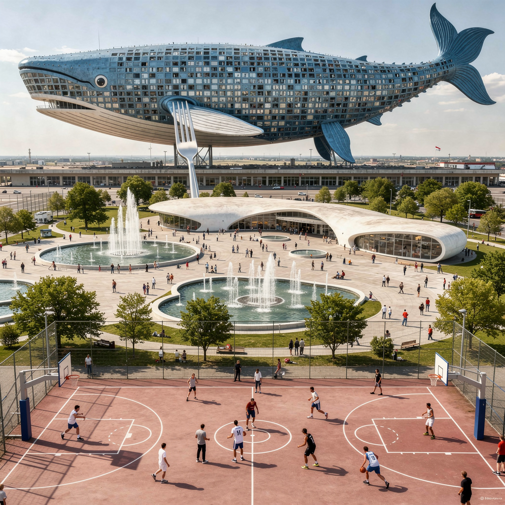 Eine visionäre Zukunft des Tempelhofer Feldes mit Niemeyer-Architektur, einem Vorplatz mit Wasserspielen, dem Flughafengebäude als schemenhafter Wal-Wohnbau dessen Schwanzflosse korrekt von einer darunter platzierten Fischgabel gestützt wird, und einem Basketball-Spiel im Vordergrund.