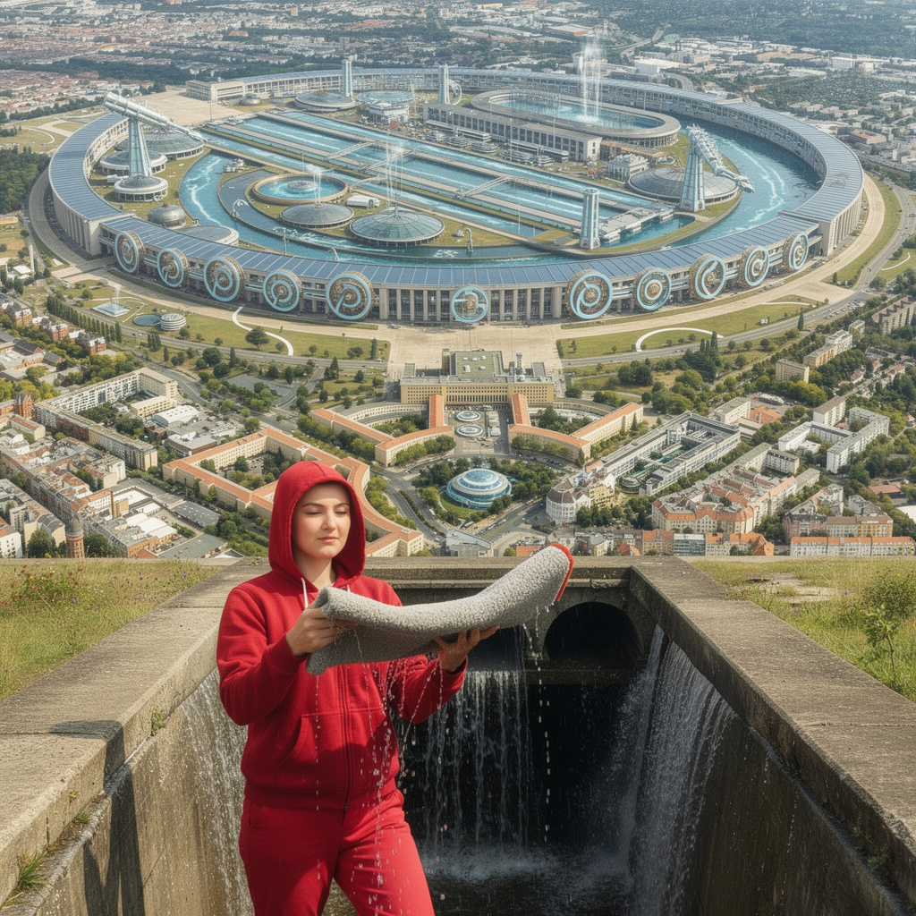 Zukunftsvision des Tempelhofer Feldes mit Rotkäppchen und wasserdurchtränktem, tropfendem Scheuerlappen im Vordergrund.
