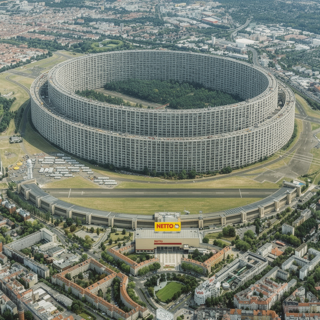 Zukunftsvision des Tempelhofer Feldes mit einem großen Sozialpalast-Gebäude mit endloser Balkonfassade im Stil von Andreas Gursky, das Flughafengebäude als Netto-Filiale umgewandelt.