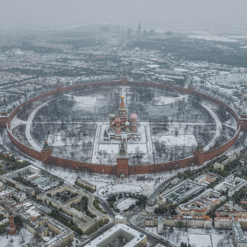 Eine Vision des Tempelhofer Feldes verwandelt in die Rote Platz mit Basilius-Kathedrale und Kreml, umgeben von Berliner Winteratmosphäre