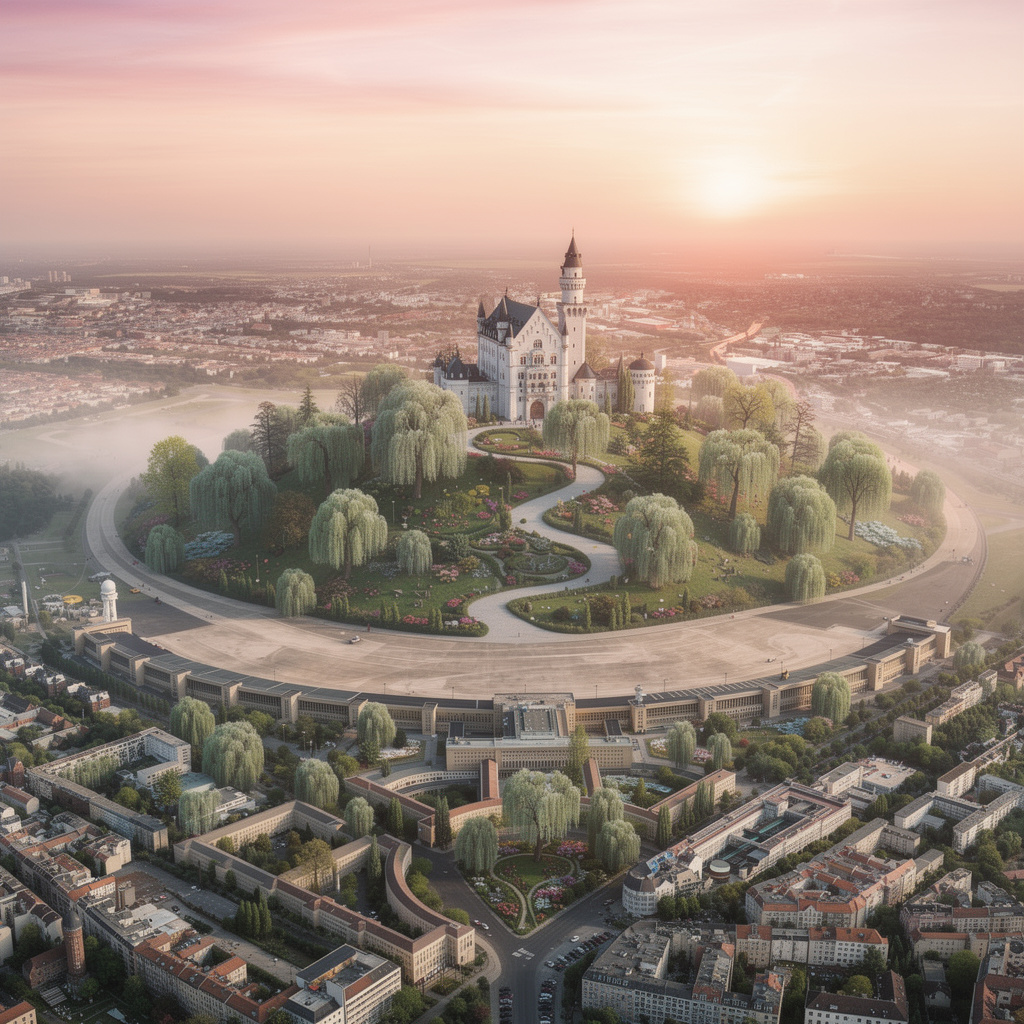 Eine verzauberte Vision des Tempelhofer Feldes mit einer Neuschwanstein-Burg auf einer Anhöhe, umgeben von einem paradiesischen Garten mit alten Bäumen und Weiden bei Morgenröte.