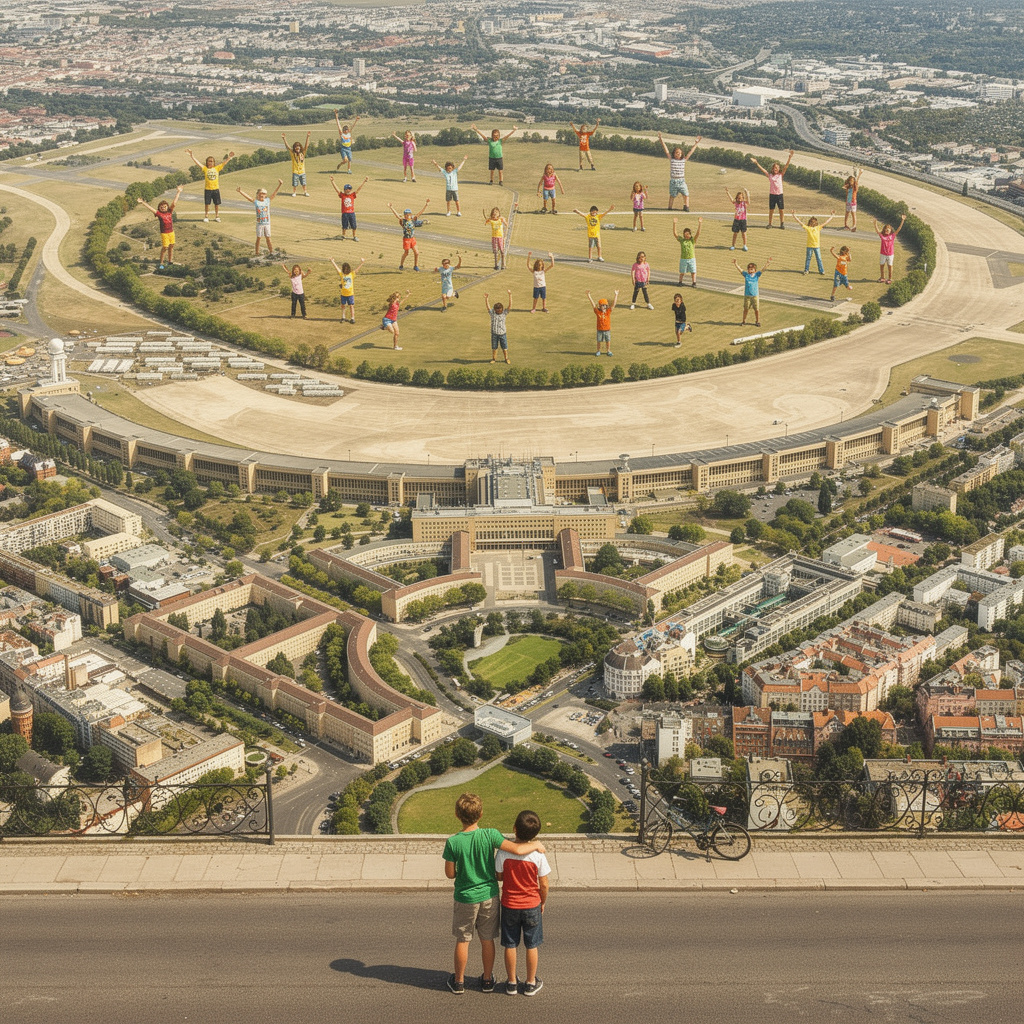 100 jubelnde Kinder auf dem Tempelhofer Feld, das historische Flughafengebäude bleibt erhalten