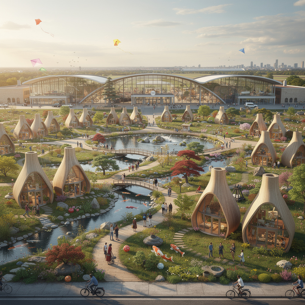 Zukunftsvision Tempelhofer Feld mit Weitwinkel, verspielter Atmosphäre, Erlenmeyer-Kolben-Wohnhäusern, japanischen Gärten und ökologischem Glasbau auf dem gesamten Feld.