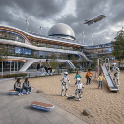 Das Haus der Jugend in der Zukunft: noch futuristischeres Gebäude mit Planetarium auf dem Dach, humanoide Roboter auf dem Spielplatz, schwebende Bänke außerhalb des Spielplatzes und ein Raumschiff am Himmel.