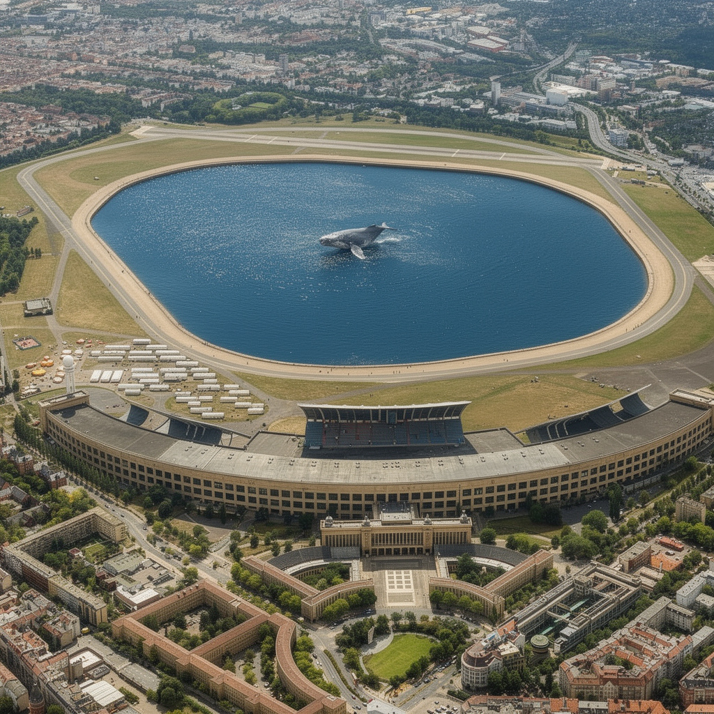 Visionäre Zukunft des Tempelhofer Feldes: Die gesamte Fläche wird zu einem See mit Buckelwal geflutet, das Flughafengebäude erhält Tribünen zur Walbeobachtung.