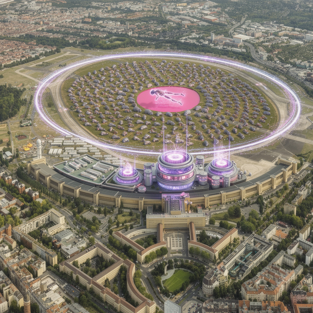 Eine futuristische Vision des Tempelhofer Feldes mit Nilpferd-Häusern, einem rosa See mit KI, einem Teilchenbeschleuniger-Ring und einem Antimaterie-Kraftwerk im Flughafengebäude.